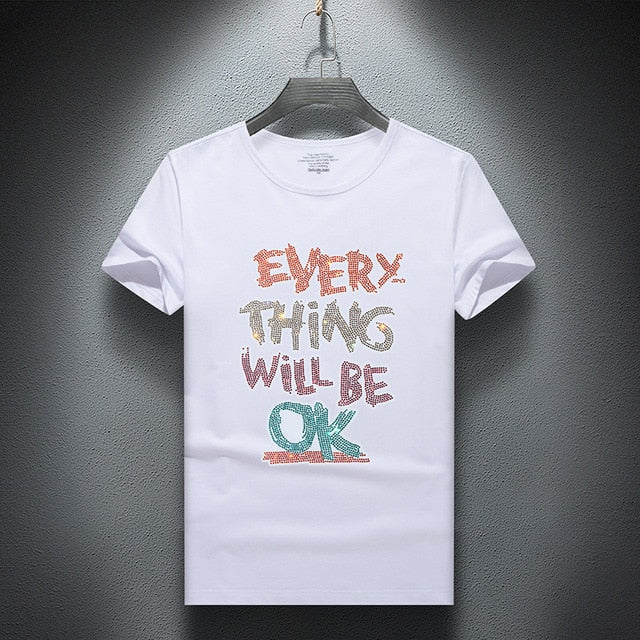 Colorful Rhinestone Letter Decorated O-Neck T-Shirt