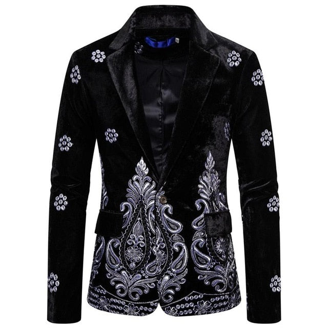 Unique Luxury Costume Stage Embroidered Velvet One Button Style Men Blazer