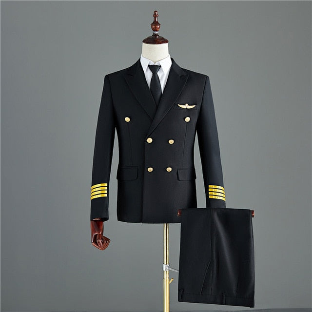 Navy Blue or Black Double Breasted Two Pieces Captain Style Men Suits