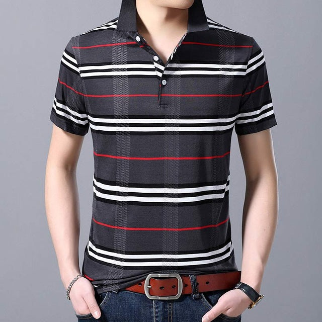 Horizontal Striped Plaid Combination Short Sleeve Men Polo