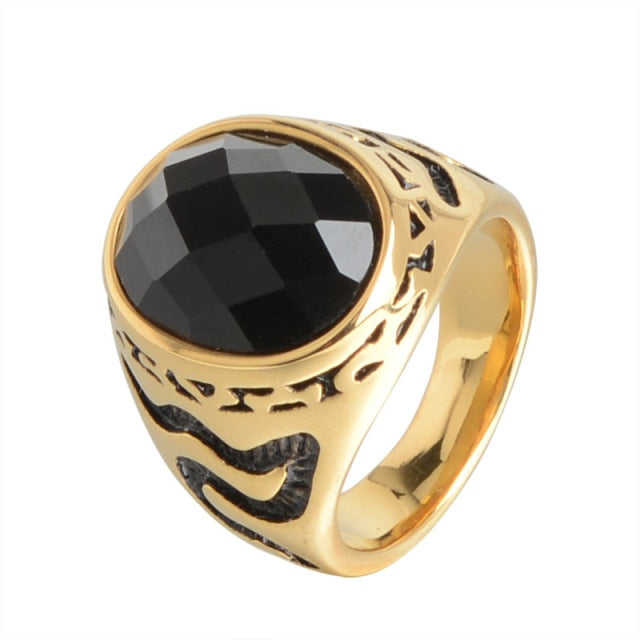 Snakes And Oval Black Stone Decorated Golden Ring