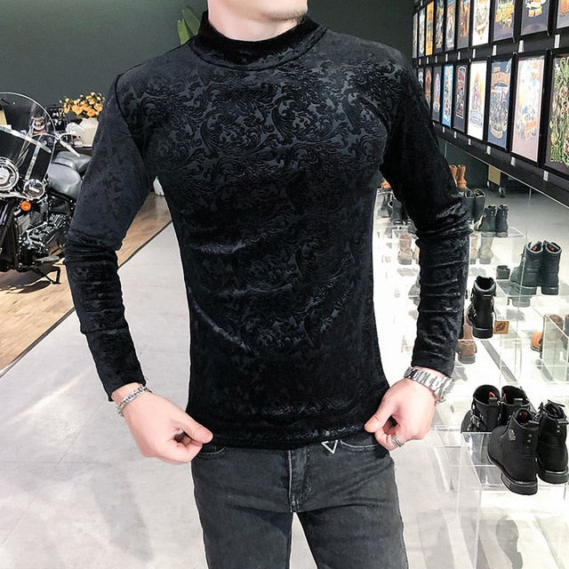 Invisible Floral Printed Long Sleeve Turtleneck T-Shirt