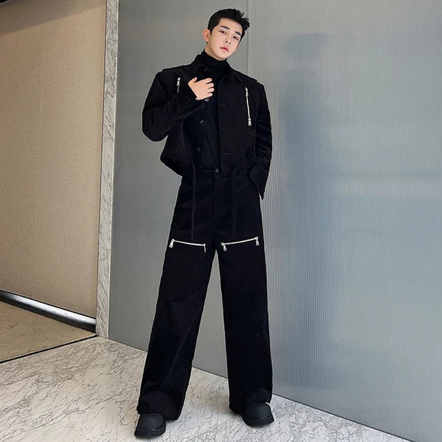 Solid with Zipper Decoration Pants Set