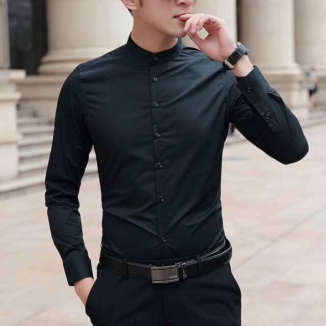 Mandarin Collar Cotton Solid Shirt