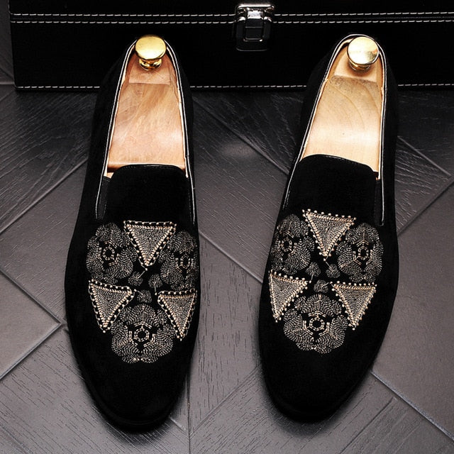 Black with Stitch Embroidery Design Men Loafers Shoes