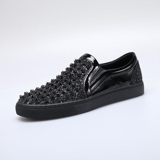 Loafers Black Diamond Rhinestones Spikes Casual Men Shoes