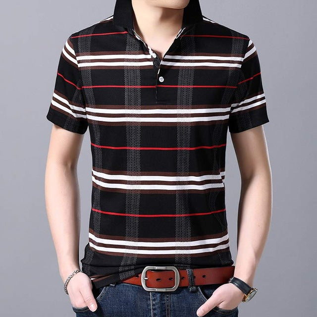 Horizontal Striped Plaid Combination Short Sleeve Men Polo