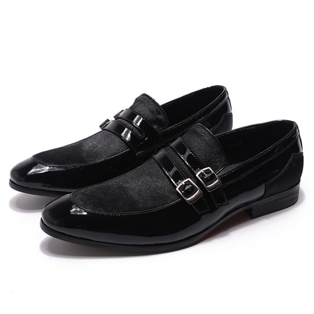 Double Buckles Patent Leather Casual Men Shoes