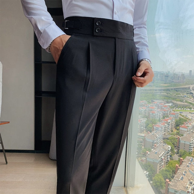 Solid Color Twin Buttons Stomach Bandage Style Trouser