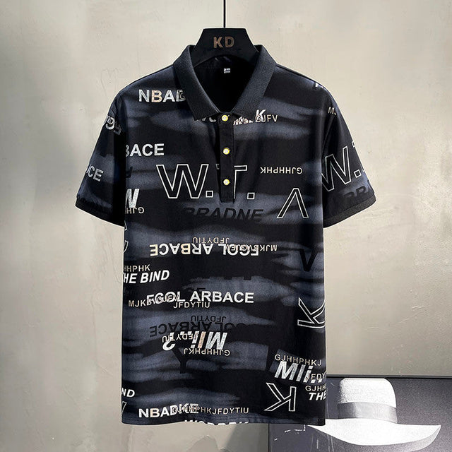 Abstract Tie-Dye Letter Printed Polo Shirt