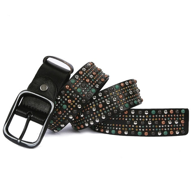 Geometric Pattern Beads Stitch Men Leather Belt
