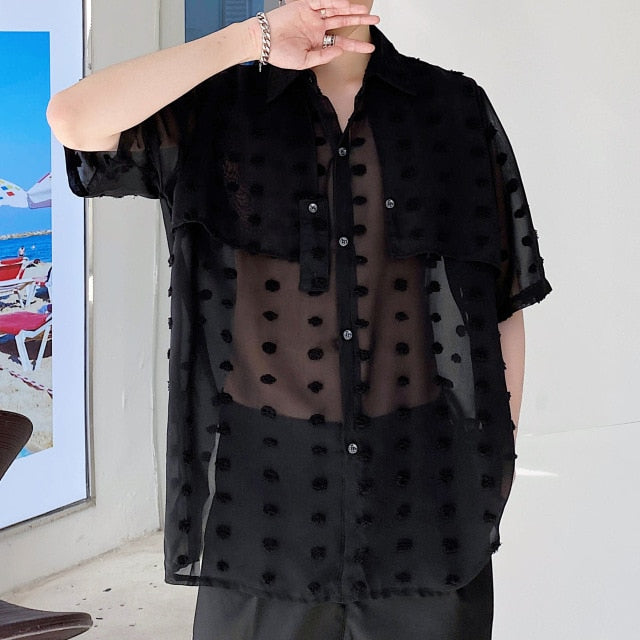 Polkadot Appliques See-Through Short-Sleeved Shirt