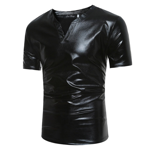 Shiny Coated Metallic V-Neck Casual Style Men T-Shirt