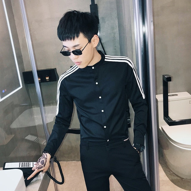 Korean Style with Contrast Shoulder Stripe Detail Men Slim Fit Shirt