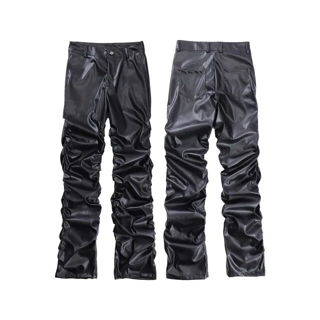 Pleated Black Leather Straight Pants