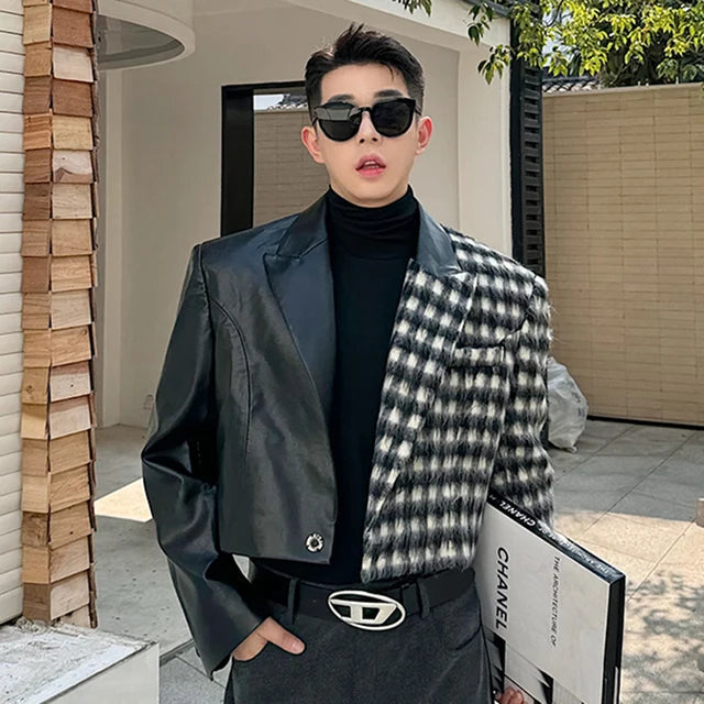 Plaid Leather Patchwork Crop Blazer