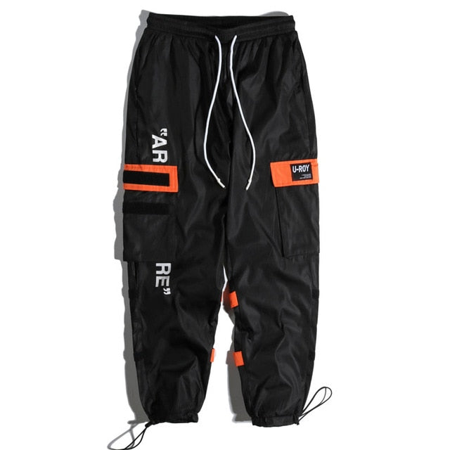 Orange Side Pockets Cargo Hip Hop Casual Men Streetwear Pants