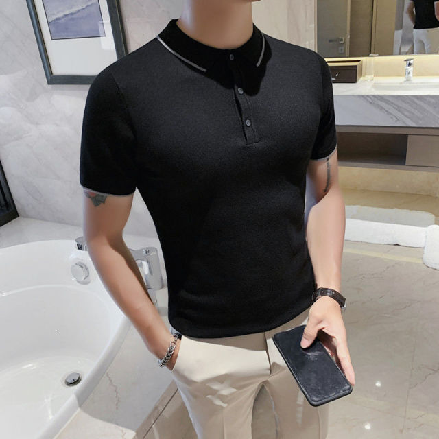 Soft White Lines Decorated Viscose Polo Shirt