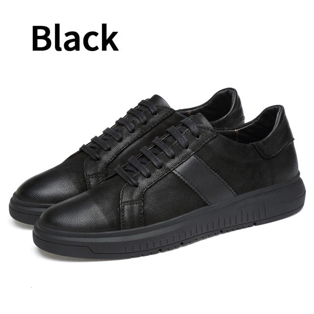 Black Genuine Leather Low Top Rubber Sole Sneakers