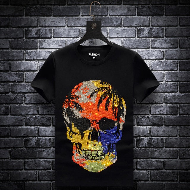 Palm Trees On Colorful Rhinestone Skull Style T-Shirt