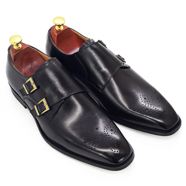 Medallion-Toed Leather Monk Shoes