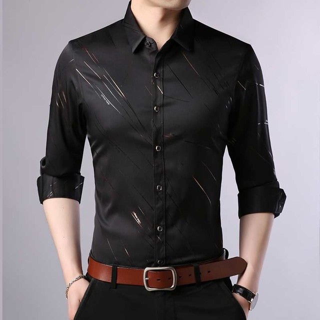 Elegant Seamless Gold Diagonal Lining Long Sleeve Shirt