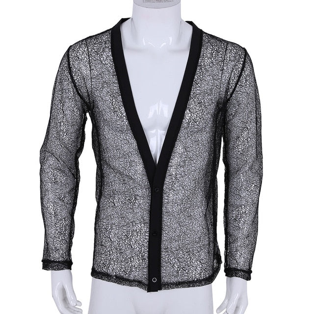 See Through Solid Hollow Out Mesh Casual Men Shirt