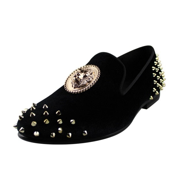 Velvet Spikes with Lion Medal Men Loafers Shoes