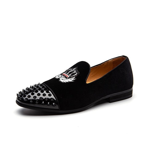 Black Spikes Rivets with Patched Ornament Detail Men Loafers Shoes - FanFreakz