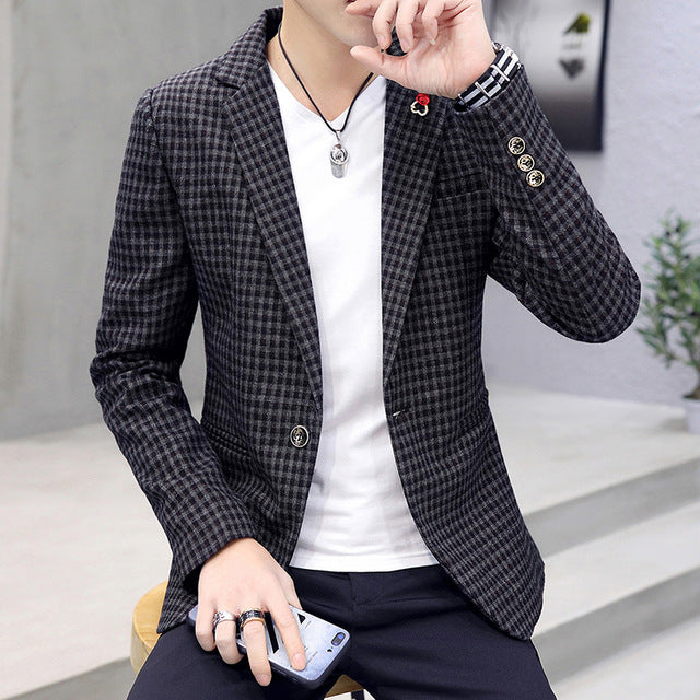 Casual Elegant Solid Plaid Pattern Men Blazer - FanFreakz