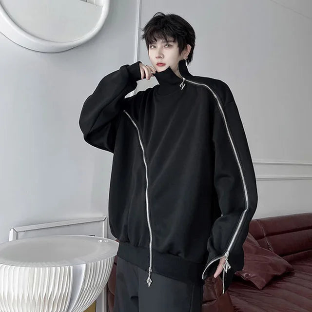Solid Zippers Patchwork Turtleneck Sweatshirt