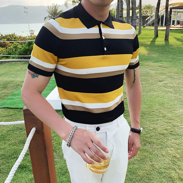 Quad Color Horizontal Stripes Knitted Polo Shirt