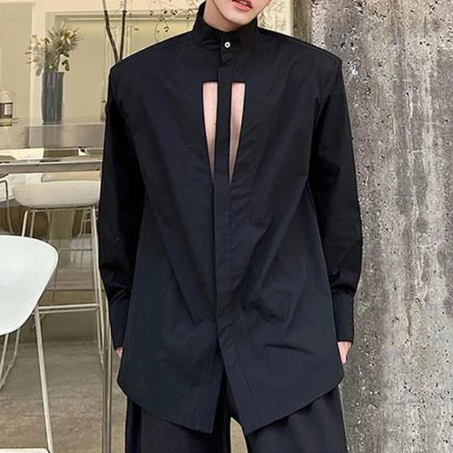 Solid Hollow Out Stand Collar Shirt