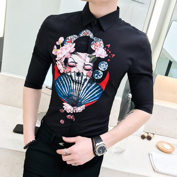Japanese Beauty Lady Print Men Slim Fit Shirt