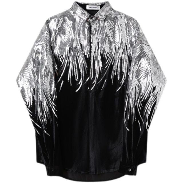 Sequin Velvet Embourdered Glamour Long Sleeve Shirt