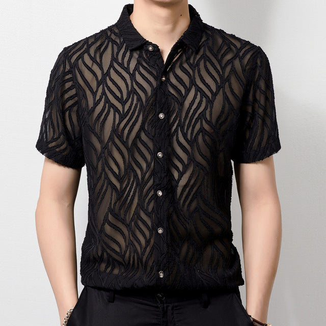 Semi Sheer Velour Embossed Pattern Men Shirt