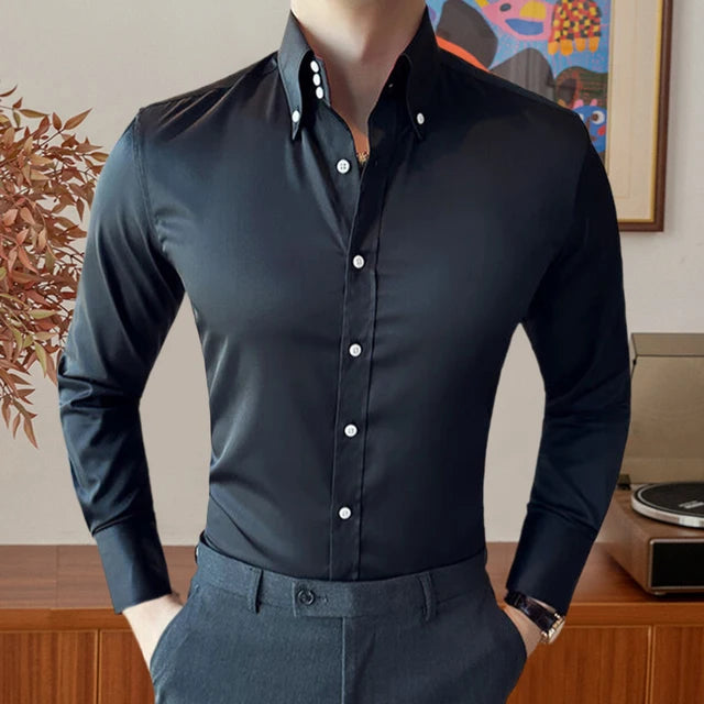 Fashion Solid 3 Button Collar Slim Shirt