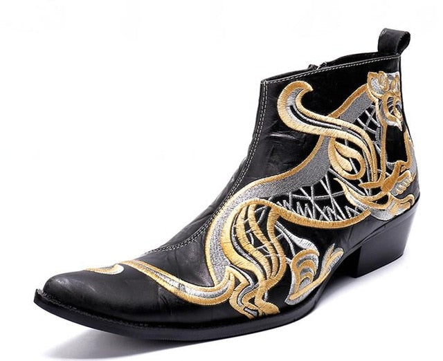 Stylized Tiger Embroidery Genuine Leather Men Cowboy Boots