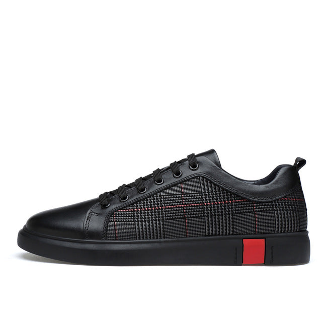 Casual Plaid Black Leather Rubber Sole Men Sneaker