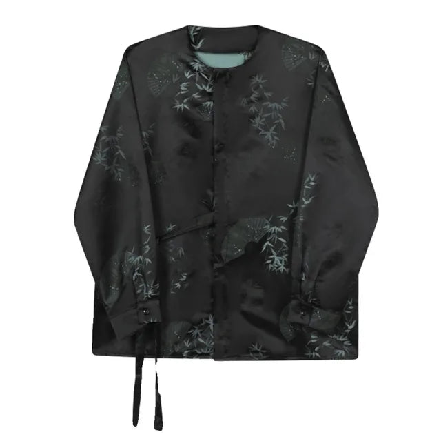 Solid Silk Printed Lace Up Round Collar Shirt