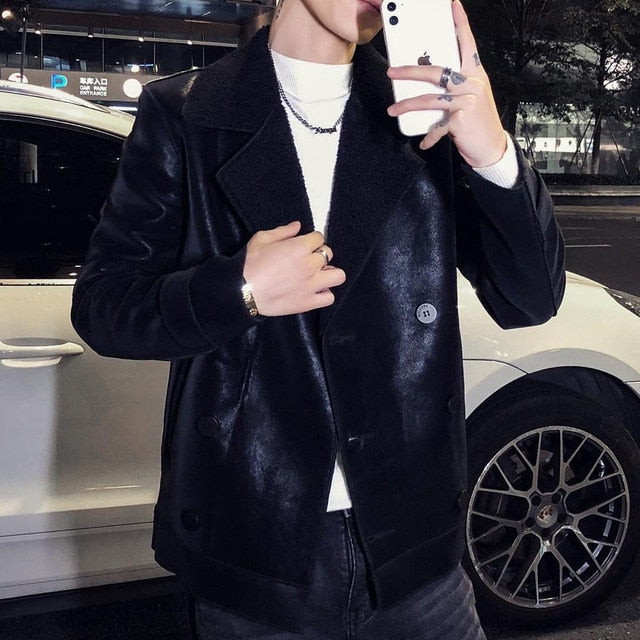 Monocolor Korean Style Faux Leather Coat