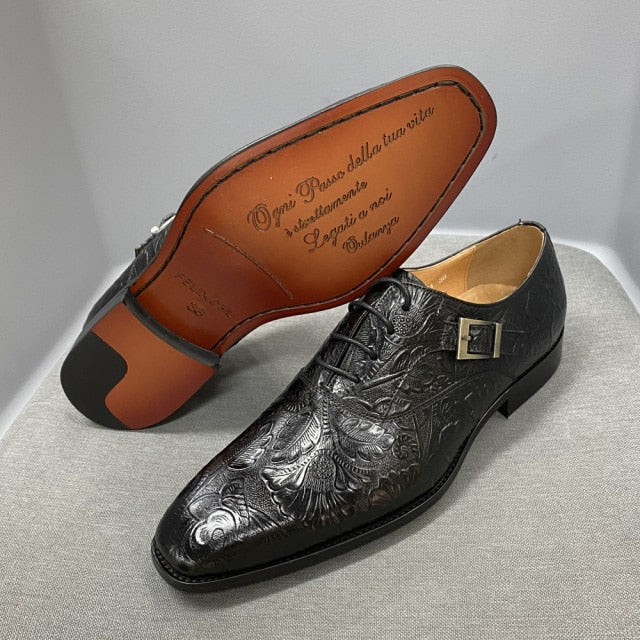 Blue Floral Design Buckle Lace-Up Oxford Shoes