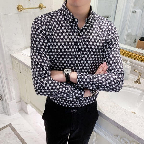 Long Sleeve Polka Dot Slim Fit Casual Men Shirts