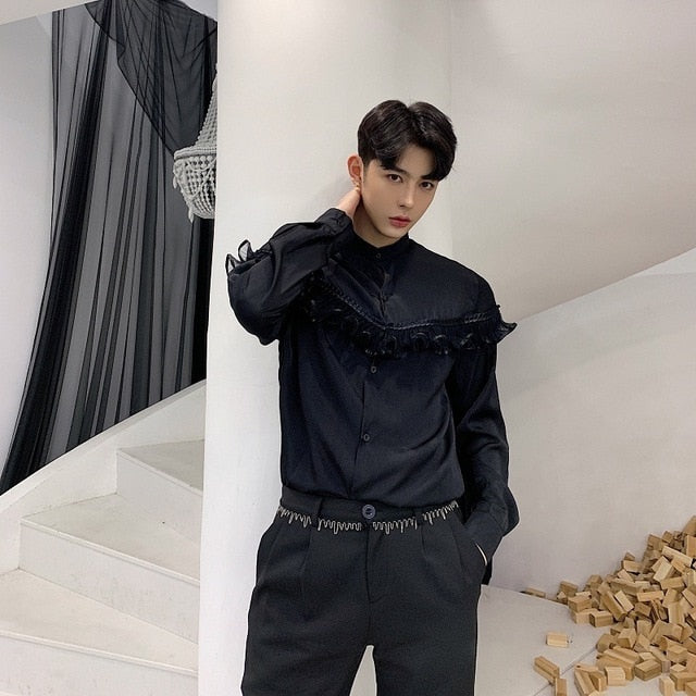 Spring New Vintage with Short Ruffle Chest Detail Men Dress Shirt