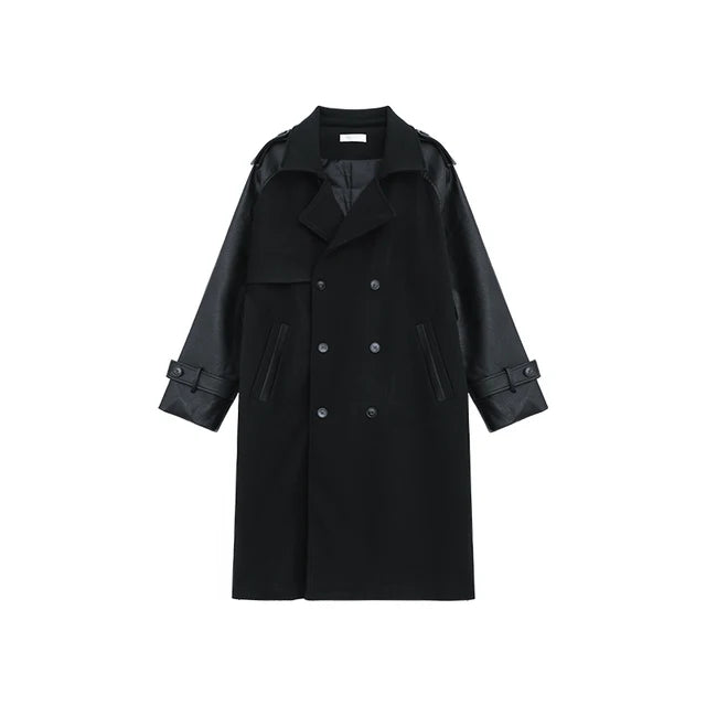 Retro Patchwork PU Leather Knee-Length Coat