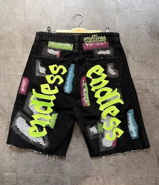 Hip Hop Embroidered Ripped Craft Shorts