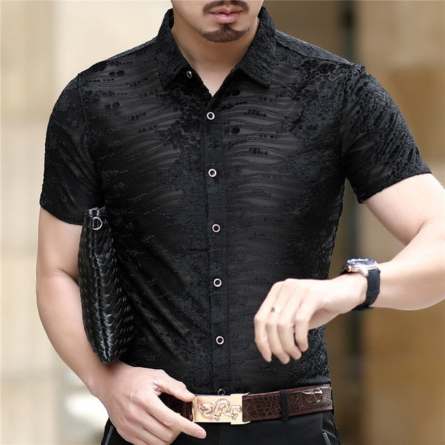 Burnout Floral Patterned Men Velour Semi Sheer Shirt