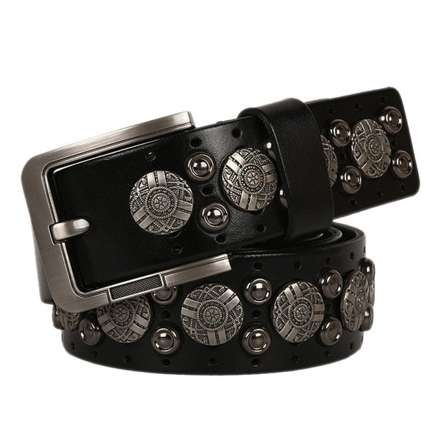 Floral Geometric Metal Studded Leather Belt