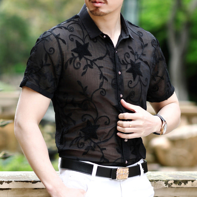 Star Vines Monochrome Print Semi Sheer Men Shirt
