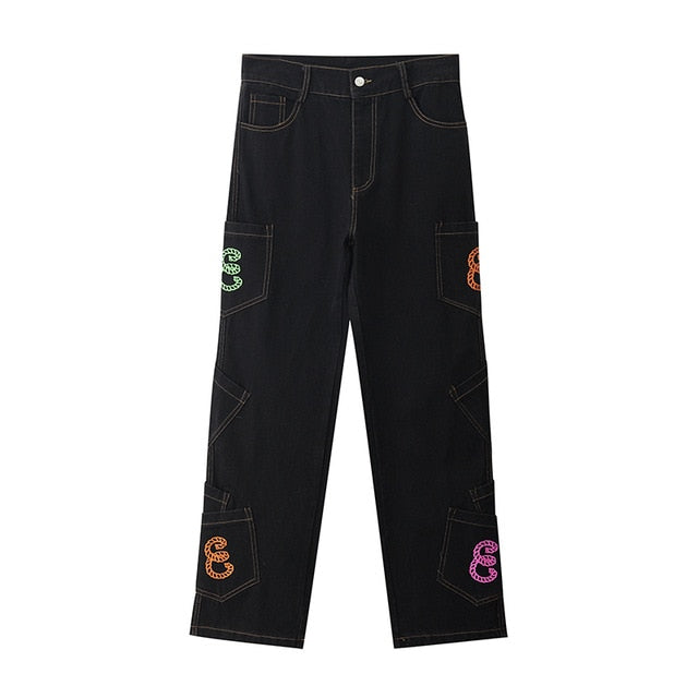 Retro Pocket Letter Patchwork Loose Jeans